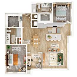 A floor plan of a two bedroom apartment with a living room, dining room, and study.