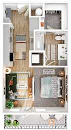 A floor plan of a small apartment with a living room, bedroom, and bathroom.