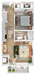 A floor plan of a living room with a sofa, a bed, and a kitchen area.