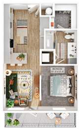 A floor plan of a small apartment with a living room, kitchen, and bedroom.