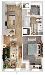A floor plan of a small apartment with a living room, kitchen, and bedroom.