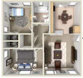 A 3D rendered image of a small apartment layout.