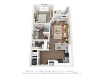 A1 1 bedroom and 1 bedroom 3D floorplan at The Artisan at Robinson