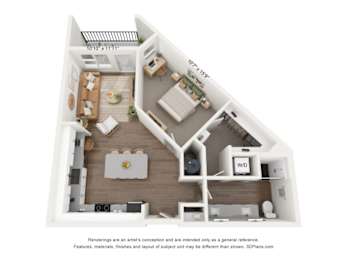 A3 1 bedroom and 1 bedroom 3D floorplan at The Artisan at Robinson