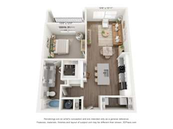 A4 1 bedroom and 1 bedroom 3D floorplan at The Artisan at Robinson