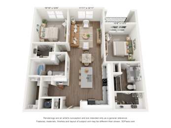 B1 2 bedroom and 2 bedroom 3D floorplan at The Artisan at Robinson