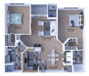 A floor plan of a home with a living room, dining room, and two bedrooms.