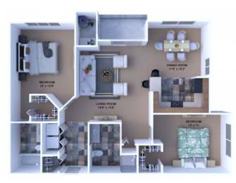 A 3D floor plan of a house showing a living room, dining room, and two bedrooms.