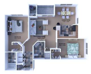 A floor plan of a house with three bedrooms, a living room, a dining room, and a kitchen.