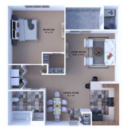 A floor plan of a small apartment with a bedroom, living room, and dining room.