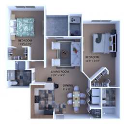A diagram of a house layout with three bedrooms, a living room, and a dining area.