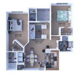 A 3D floor plan of a small apartment with two bedrooms, a living room, and a dining area.