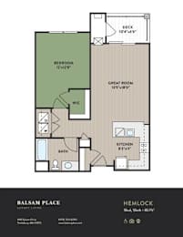 A floor plan for a home with a bedroom, bathroom, kitchen, and great room.