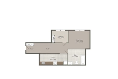 A floor plan of a house with a living room, dining room, kitchen, and bathroom.