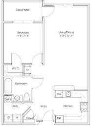 A floor plan of a small apartment with a deck/patio, bedroom, bathroom, kitchen, living/dining area, and a utility space.