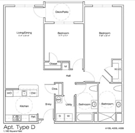 A floor plan of an apartment type D with a living/dining area, kitchen, two bathrooms, and three bedrooms.