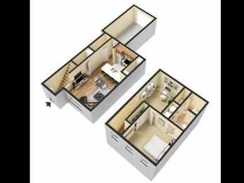 A 3D image of a house layout with two floors.