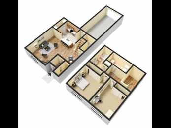 A 3D floor plan of a house with two bedrooms, a living room, a kitchen, and a bathroom.
