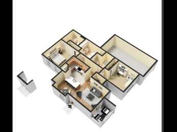 A 3D floor plan of a multi-room apartment.