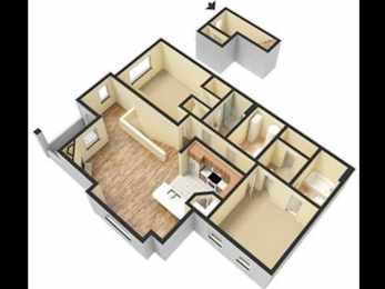 A 3D floor plan of a house with a kitchen, living room, and bedrooms.