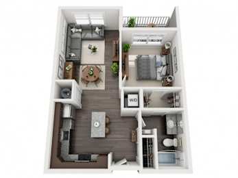 A top-down view of a small apartment layout with a kitchen, living room, and bedroom.