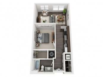 A floor plan of a small apartment with a living room, kitchen, and bedroom.
