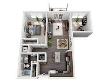 A top-down view of a house layout with a living room, kitchen, dining area, and bedrooms.