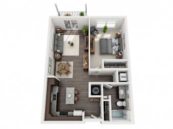 A top-down view of a small apartment with a living room, kitchen, and bathroom.