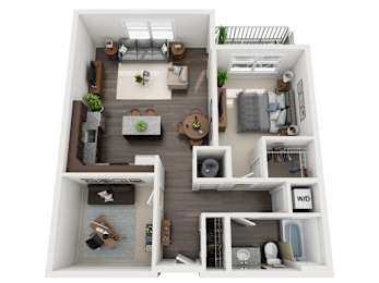 A 3D floor plan of a small apartment with a living room, kitchen, and bathroom.