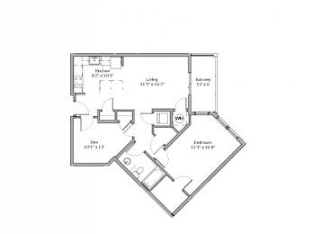 A floor plan of a house with a kitchen, living room, dining room, and two bedrooms.