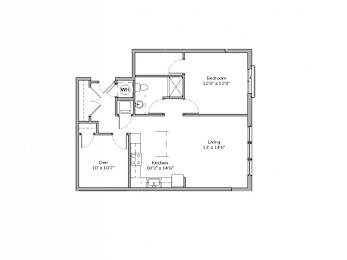 A floor plan of a small apartment with a living room, kitchen, bedroom, and den.
