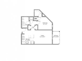 A floor plan of a small apartment with a bedroom, living room, kitchen, and bathroom.
