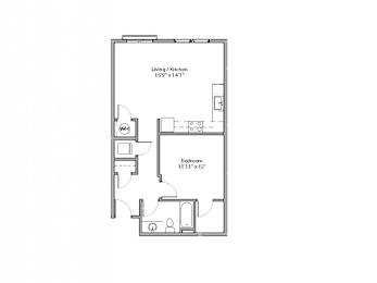A floor plan of a small apartment with a living room, kitchen, and bedroom.