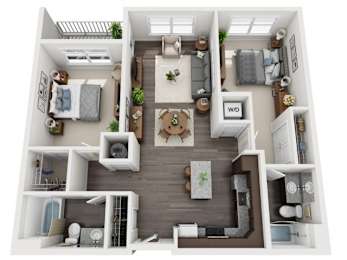 A top-down view of a well-organized apartment with a living room, kitchen, and two bedrooms.