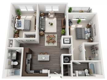 A 3D floor plan of a house layout.