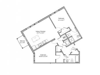 A floor plan of a house with three bedrooms and a balcony.