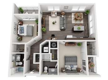 A top-down view of a small apartment with a kitchen, living room, and bedroom.