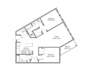 A floor plan of a house with a kitchen, two bedrooms, a living room, and a balcony.