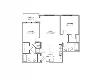 A floor plan of a house with a living room, two bedrooms, a kitchen, and a balcony.
