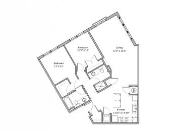 A floor plan of a house with a living room, two bedrooms, and a kitchen.