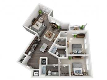 A 3D floor plan of a house with labeled rooms.