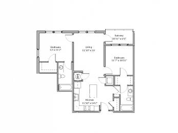 A floor plan of a house with a living room, two bedrooms, a kitchen, and an elevator.
