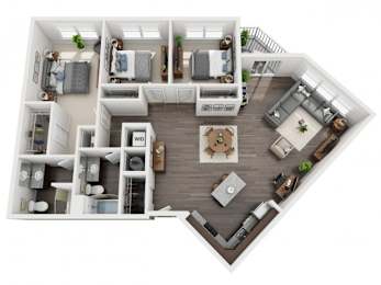 A top-down view of a modern apartment layout with a kitchen, living room, dining area, and bedrooms.