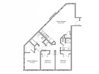 A floor plan of a house with a living/kitchen area and three bedrooms.