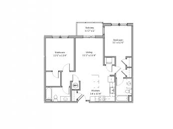 A floor plan of a house with a kitchen, two bedrooms, a living room, and a bathroom.