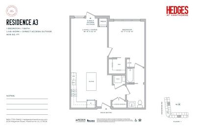 A floor plan for a residence with a bedroom, bathroom, living room, and kitchen.