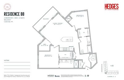 A floor plan for a residence with two bedrooms and a den.