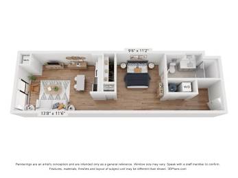 A 3D floor plan of a small apartment with a living room, kitchen, and bedroom.