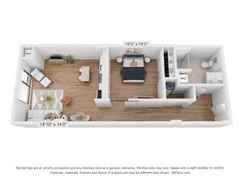 A 3D floor plan of a small apartment with a kitchen, living room, and bedroom.