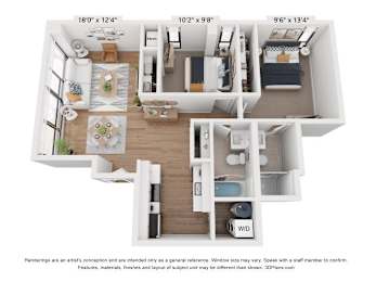 A 3D floor plan of a small apartment with a kitchen, living room, and bedroom.